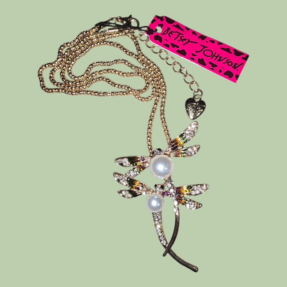 Betsey Johnson Two Dragonfly Copper Enamel Gold-toned Necklace w/Rhinestones